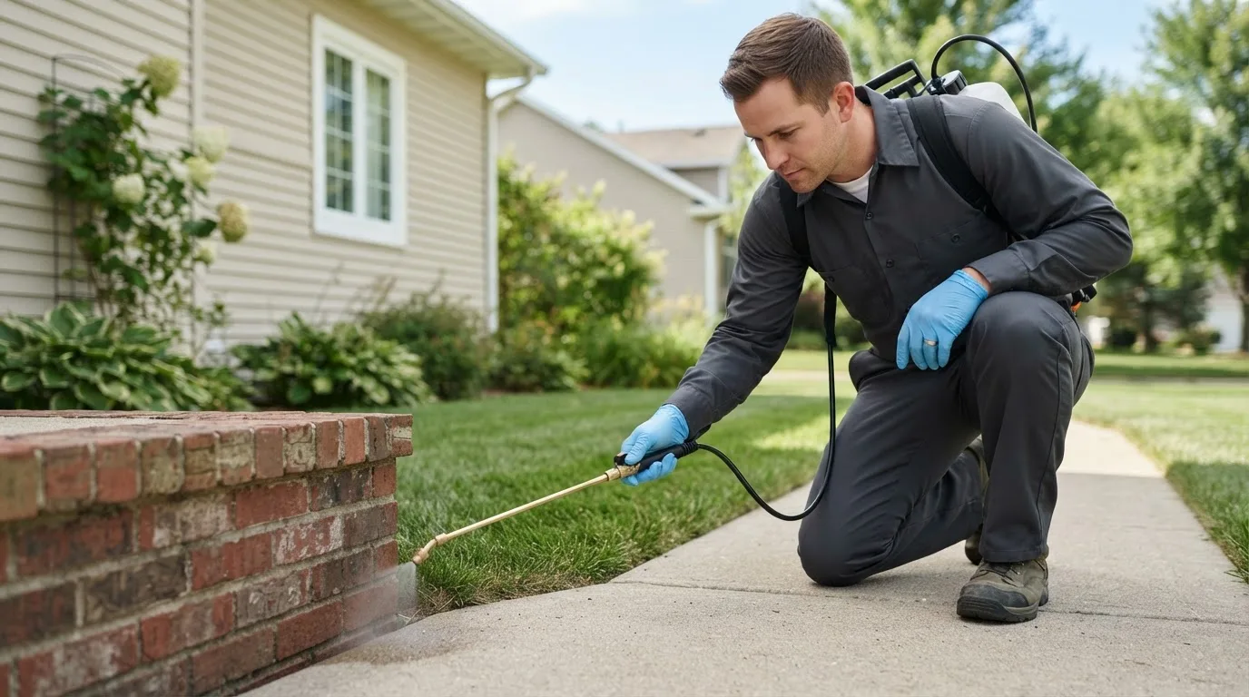 Pest control technician treating a home near Hempstead, NY